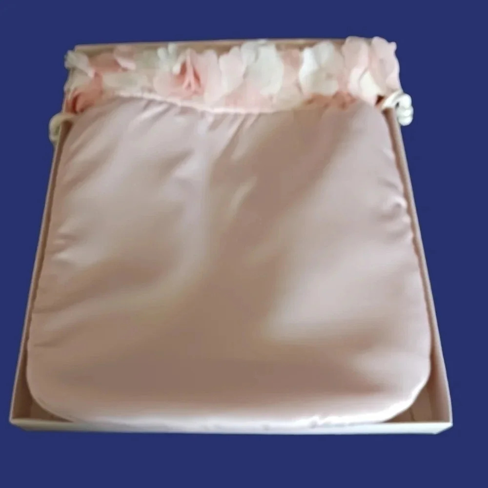 Aimer satin Dragstring Pouch Bag W/Stunning Floral Around The Top Blush Pink - Picture 12 of 14